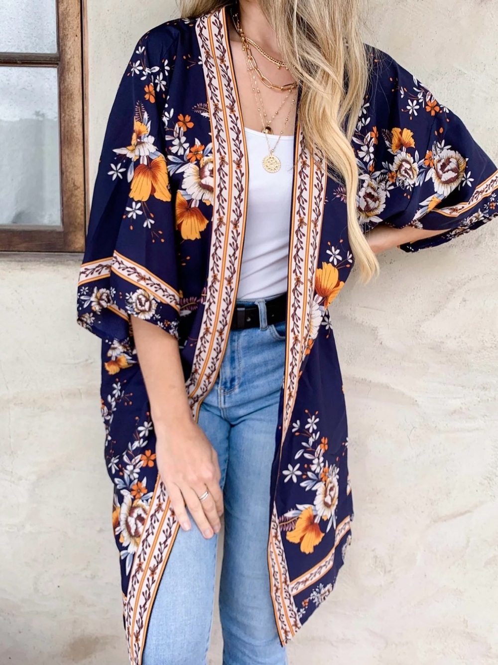 Justin & Taylor Navy Floral Border Printed Kimono Cardigan/Cover Up XL/1X